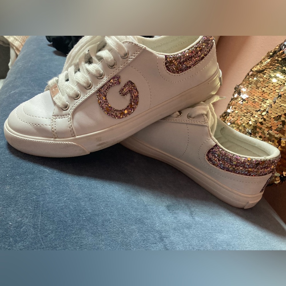 G by Guess white and pink sparkle sneakers